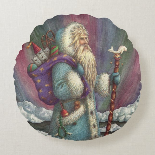 BLAU BELSNICKLE, NORDLICHTE UND PENGUINEN RUNDES KISSEN (Vorderseite)