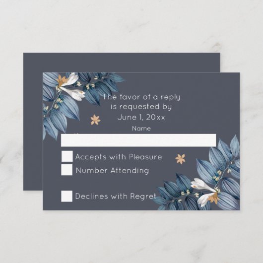 Blau Blätter Weiße Blume Moderne Hochzeit RSVP Karte (Vorne/Hinten)