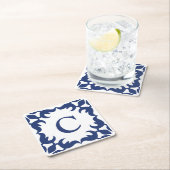 Blau-Blau-Scroll-Monogramm Rechteckiger Pappuntersetzer (Vor Ort)