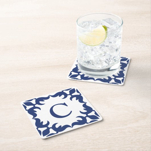 Blau-Blau-Scroll-Monogramm Rechteckiger Pappuntersetzer (Vor Ort)