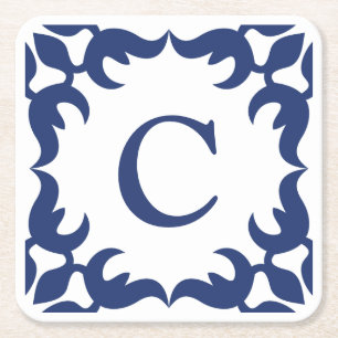 Blau-Blau-Scroll-Monogramm Rechteckiger Pappuntersetzer