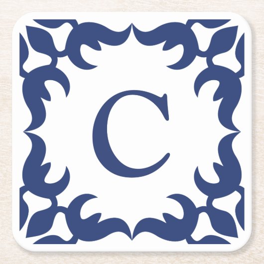 Blau-Blau-Scroll-Monogramm Rechteckiger Pappuntersetzer (Vorderseite)