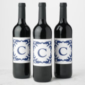Blau-Blau-Scroll-Monogramm Weinetikett (Flaschen)