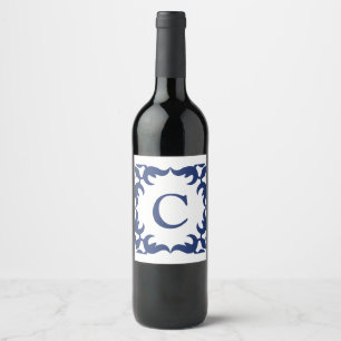 Blau-Blau-Scroll-Monogramm Weinetikett