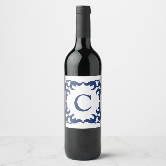 Blau-Blau-Scroll-Monogramm Weinetikett (Vorderseite)