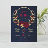blau-blaue Bordeaux- und Goldblumenkranz Save The Date (Stehend Vorderseite)