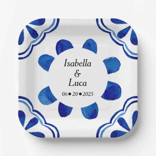 Blau-blaue Floral Tile Aquarell gestrichen Pappteller (Vorderseite)