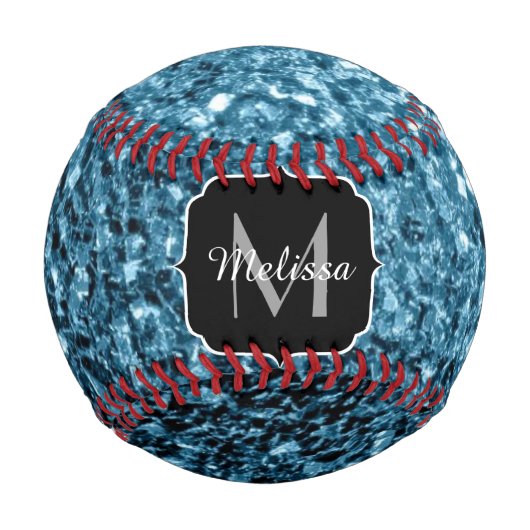 Blau-blaue Imitate Glitzer Funkeln Monogram-Name Baseball (Vorderseite)
