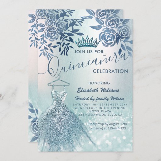 Blau-blaues Kleid glänzend ombre Einladung (Vorne/Hinten)