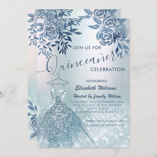 Blau-blaues Kleid glänzend ombre Einladung (Vorne/Hinten)