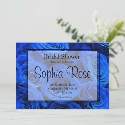 Blau blühende Blumen blauer Rose Einladung (Stehend Vorderseite)