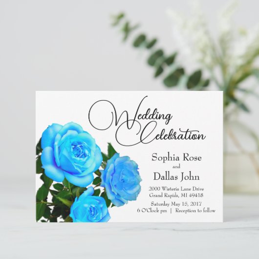 Blau blühende Rose mit Blumen Einladung (Stehend Vorderseite)