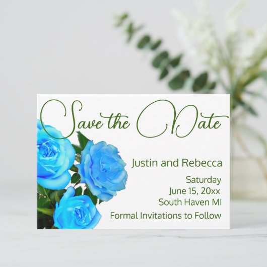 Blau blühende Rose mit Blumen Save The Date (Stehend Vorderseite)