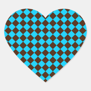 Blau Braun Diamant Schachbrettmuster Herz-Aufkleber