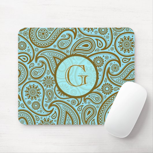 Blau & braun Paisley Retro Muster-Monogramm Mousepad (Mit Mouse)