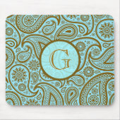 Blau & braun Paisley Retro Muster-Monogramm Mousepad (Vorne)