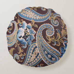 Blau Braun Vintage Paisley Neu Rundes Kissen