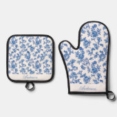 Blau-Chinoiserie-Individuelle Name Ofenhandschuh & Topflappen-Set (Vorderseite)