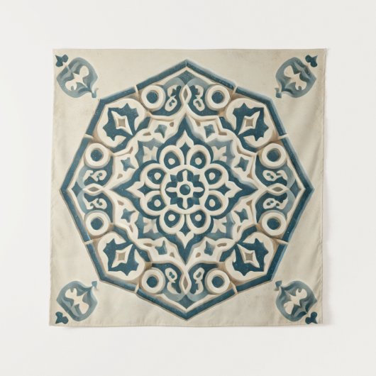 Blau & Cream Geometric Muster Tapestry Wandteppich (Vorderseite (Horizontal))