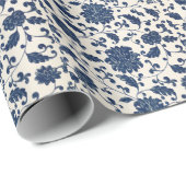 Blau/cremig Weiß Vintages, wirbelndes Blumenmuster Geschenkpapier (Rolleneckpunkt)