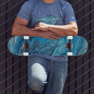 Blau-Cyan-weißer Marmor Akrylabstraktion Skateboard