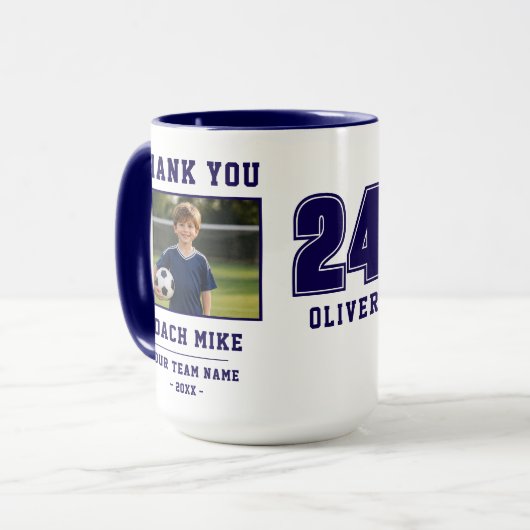 Blau Danke Trainer Teamname Nummer Foto Tasse (Vorderseite Links)