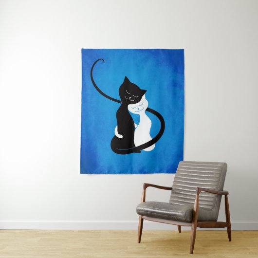 Blau, das Liebe-Katzen umarmt Wandteppich (Beispiel)