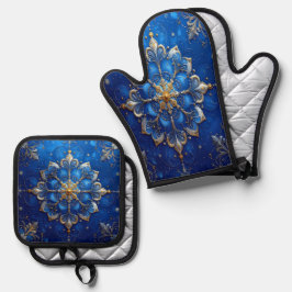 Blau Dekorativ Ofenhandschuh & Topflappen-Set