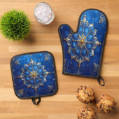 Blau Dekorativ Ofenhandschuh & Topflappen-Set (Oben Unten)