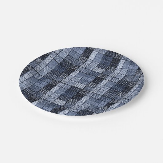 Blau, Denim, Tartan, kariert. Pappteller (Schrägansicht)