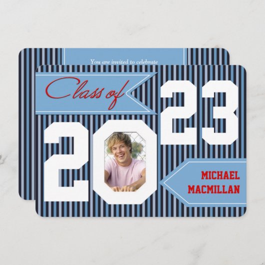 Blau, Denim, Weiß, Rotes Foto Abschluss einladen Einladung (Vorne/Hinten)