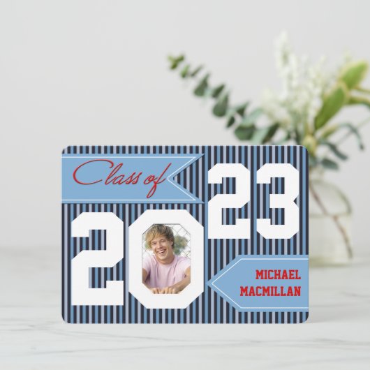 Blau, Denim, Weiß, Rotes Foto Abschluss einladen Einladung (Stehend Vorderseite)