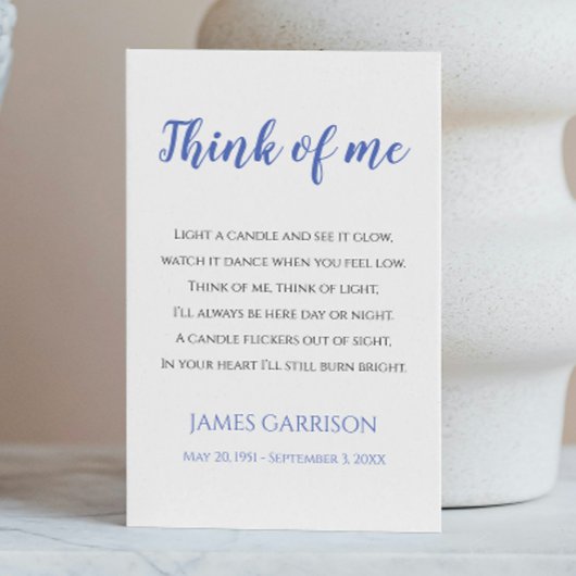 Blau denken Sie an mich Feier der Lebenskerze Platzkarte