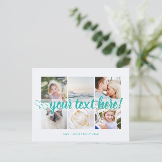 Blau Der benutzerdefinierte Text 6 Fotos Collage u Postkarte (Stehend Vorderseite)