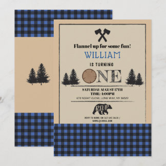 Blau des Holzfäller-Geburtstags-Party-EINS zuerst Einladung