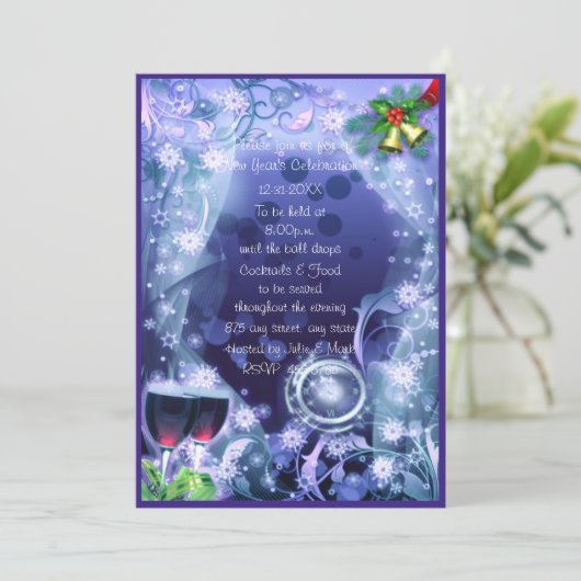 Blau die Uhr schlägt 12 Neujahrs-Party Einladung (Stehend Vorderseite)