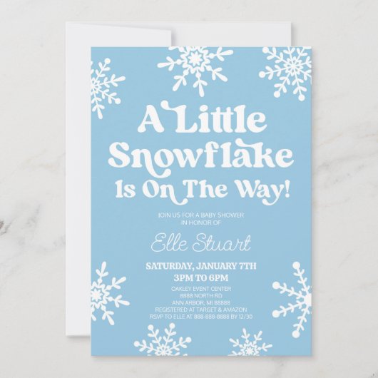 Blau ein wenig Schneeflocke ist unterwegs! Babypar Einladung (Vorderseite)