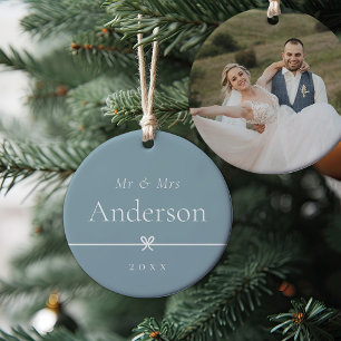 Blau Einfaches Minimal Bow Wedding Foto Keramik Ornament