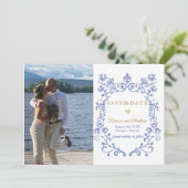Blau-elegantes Save the Date Foto Viktorianisch Ankündigung (Stehend Vorderseite)