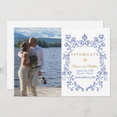 Blau-elegantes Save the Date Foto Viktorianisch Ankündigung (Vorne/Hinten)