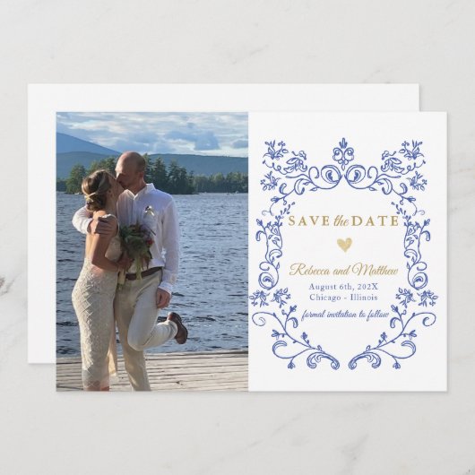 Blau-elegantes Save the Date Foto Viktorianisch Ankündigung (Vorne/Hinten)