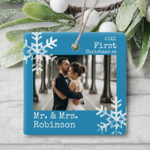 Blau-erster Weihnachtsherr u. Frau Custom Foto Keramikornament