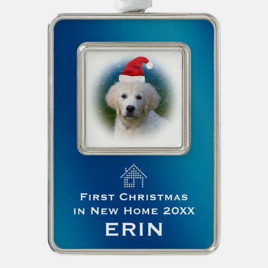 Blau-erstes Weihnachten im neuen Haustier-Foto des Rahmen-Ornament Silber (Vorderseite)