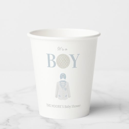 Blau es ist ein Baby Golf Thema Baby Dusche Pappbecher (Vorderseite)