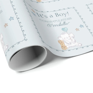 Blau Es ist ein Junge Baby Elefant Wasserfarbe  Geschenkpapier
