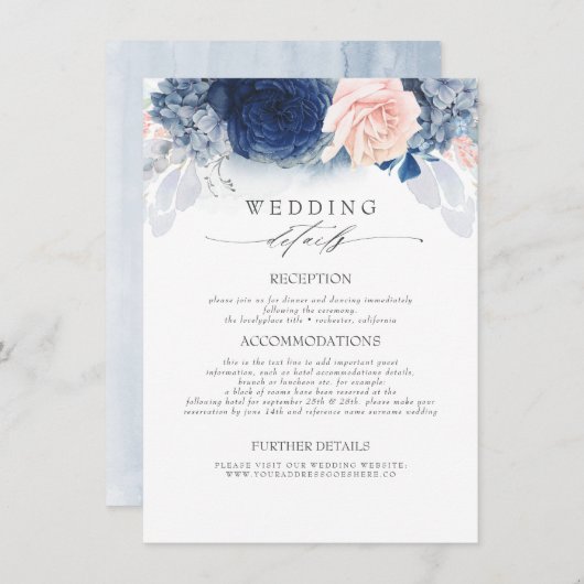 Blau-farbene Blume Hochzeitsinformationen Begleitkarte (Vorne/Hinten)