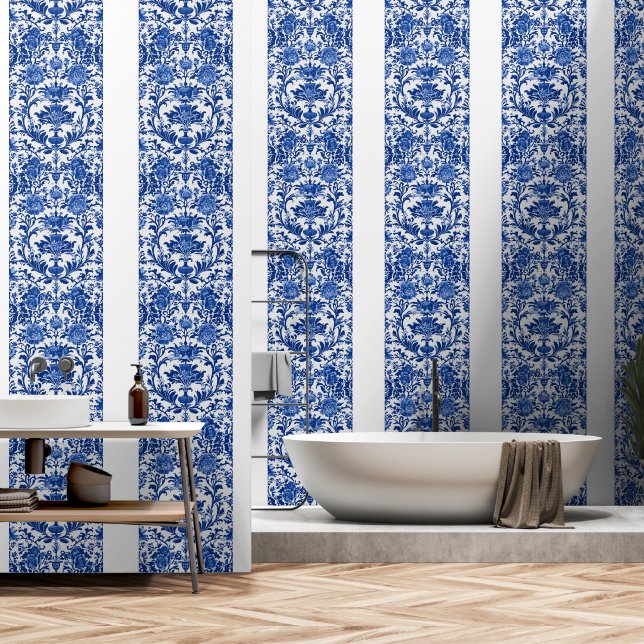 blau-farbene Grafik in Vollfarbe Tapete (Badezimmer)