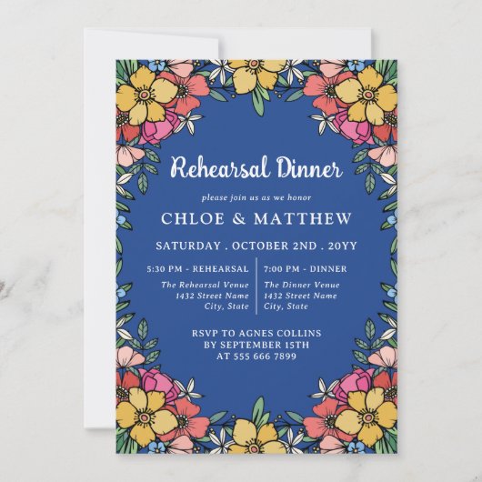 Blau farbenfrohe rosa Blume Probe Abendessen Einladung (Vorderseite)