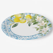 Blau-Fliesen und Zitronen-Brautparty Pappteller (Schrägansicht)