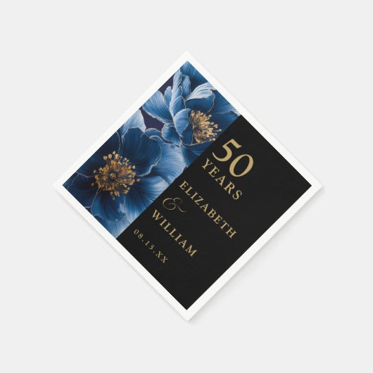 Blau florale Schwarz und Gold Moderne 50 Jahre alt Serviette (Ecke)
